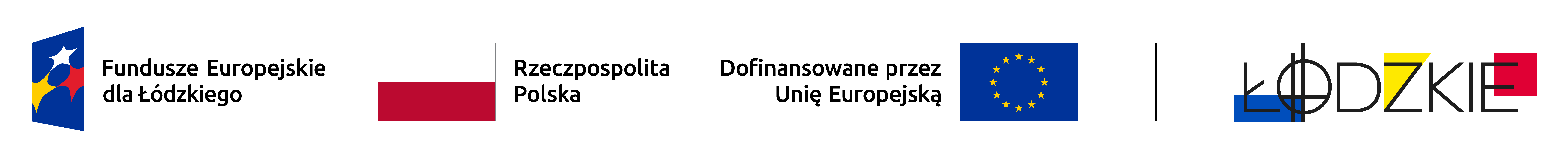 Logo Funduszy Europejskich, Flaga Rzeczypospolitej Polskiej, fla Uni Europejskiej, logo Łodzi